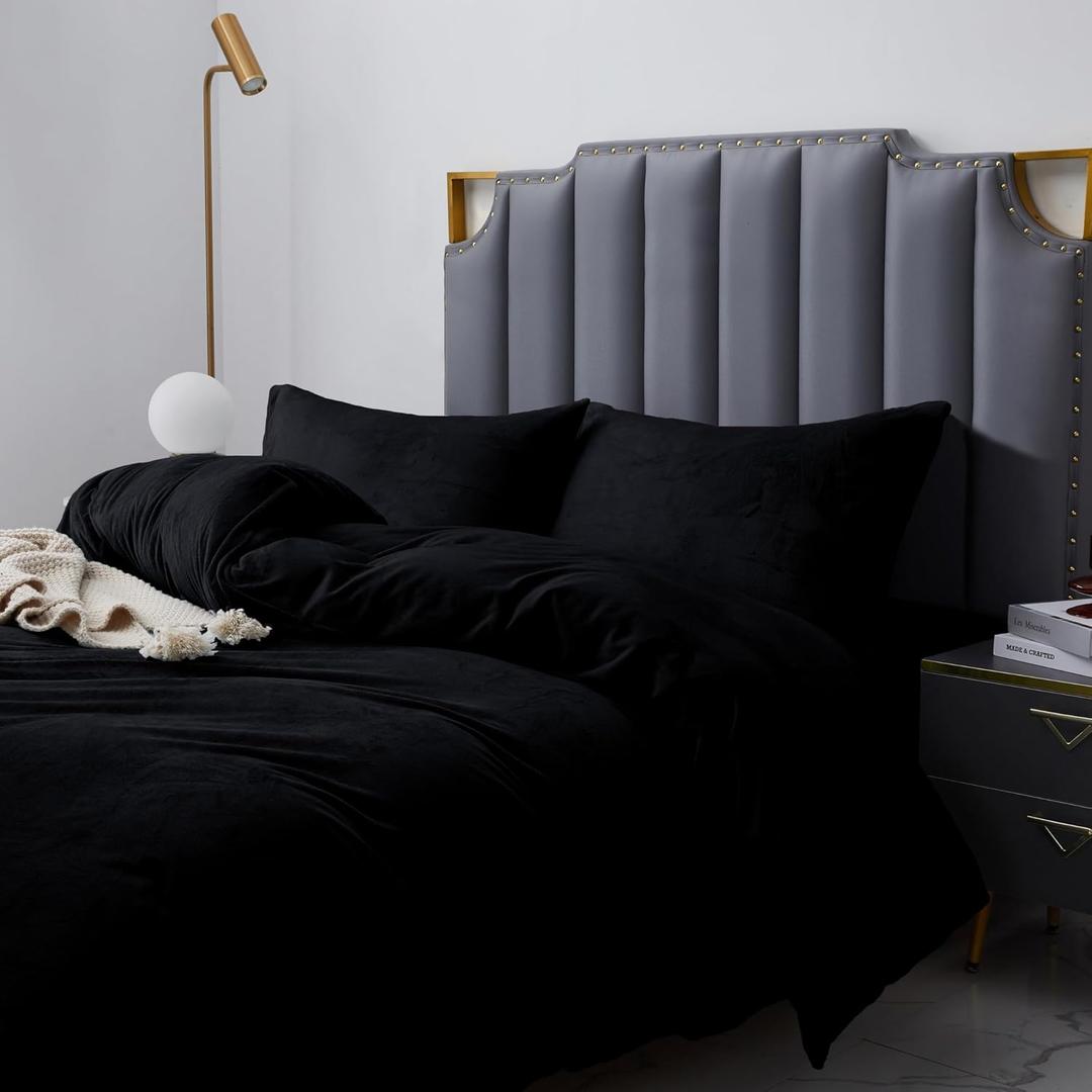 Crystal Velvet Queen Duvet Cover Set Black, Soft Warm Flannel Comforter Cover Queen Size for Fall Winter Spring, 3 Pieces Luxury Fluffy Silky Velour Bedding Duvet Cover 90" x 90"