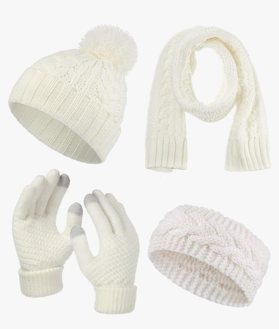 SATINIOR 4 Pcs White Cable Knit Winter Scarf Glove Hat Set Include Beanie Hat Gloves Scarf Headband Small