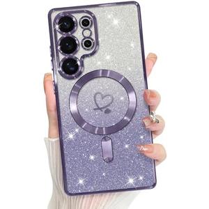 Bonoma Compatible with Samsung Galaxy S25 Ultra Case Support for MagSafe, Plating Heart Magnetic Case TPU Camera Protection Back Cover for Phone Case - Purple