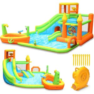 Inflatable Water Slide Park, Large Water Bouncer Castle Fun Bouncy House with Large Pool, Dual Slides, Climbing Wall, Basketball, Soccer, Archery, Toss Game, Easy to Set Up with Air Blower, 225"L x 186"W x 104"H