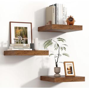 Square Floating Shelves for Wall, 12"W x 12"D x 1.2"H, 3 Pack of Small Wall Mounted Engineered Wood Shelves with Invisible Brackets for Living Room Bedroom Bathroom Kitchen Decor, Rustic Brown