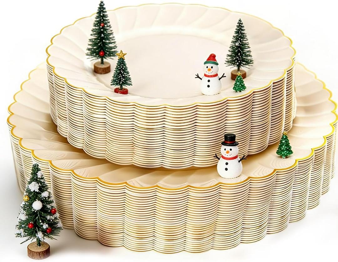 YOUBET 60PCS Ivory Scalloped Plastic Plates - Hard Craem and Gold Fancy Disposable Plates include 30 Gold Dinner Plate, 30 Dessert Plate for Party, Wedding