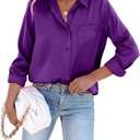 Satin Button Down Shirts for Women Long Sleeve Slim Fit Office Blouses Casual Business Silk Tops with Pocket S-XXL (Purple, S)