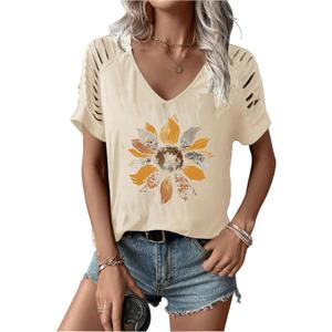 Women's Cut Out V Neck T-Shirts Boho Floral Graphic Tee Summer Cold Shoulder Short Sleeved Tops (XX-Large)