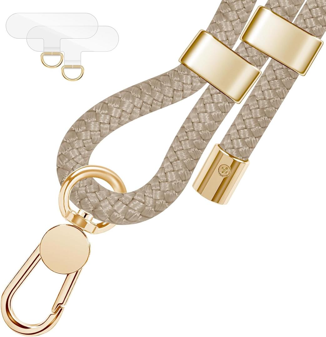 UKON Cell Phone Lanyard,Crossbody Lanyard and Wrist Strap Premium Metal Buckle Phone Charms with 2 X Strap Patch Compatible with All Smartphone(Khaki)