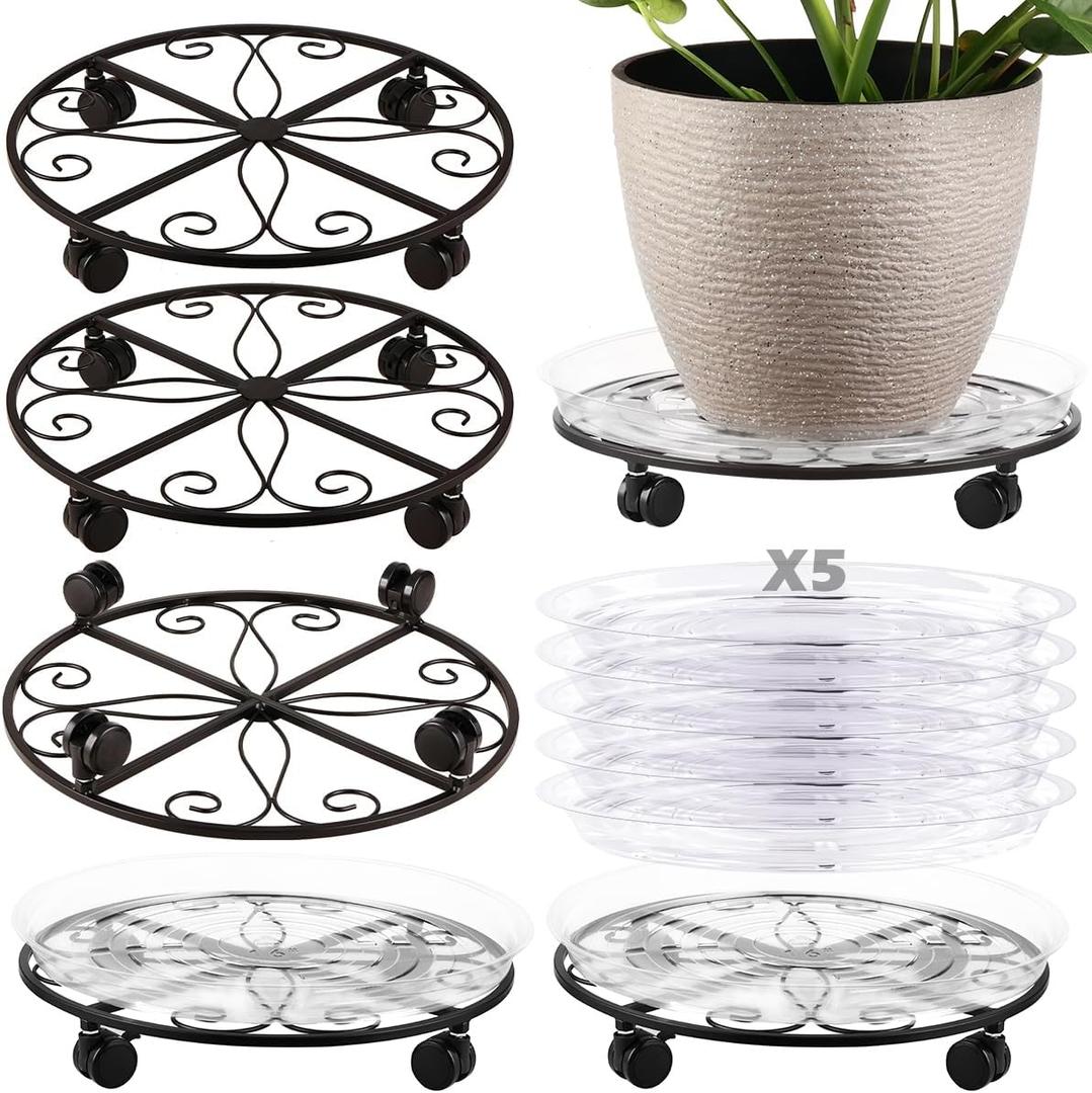 5 Packs 16 Plant Caddy with Wheels Metal Plant Stand on Wheels for Indoor and Outdoor Plants Rolling Plant Stand with Casters Heavy Duty Plant Dolly Roller Caddy, Black