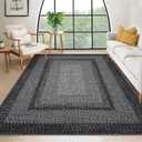 RUGSREAL 10x13 Large Living Room Rug Braided Print Boho Accent Throw Carpet Farmhouse Rustic Rug with Rubber Backing Geometric Bordered Area Rug Bohemian Carpet for Bedroom Home Decor Office, Black