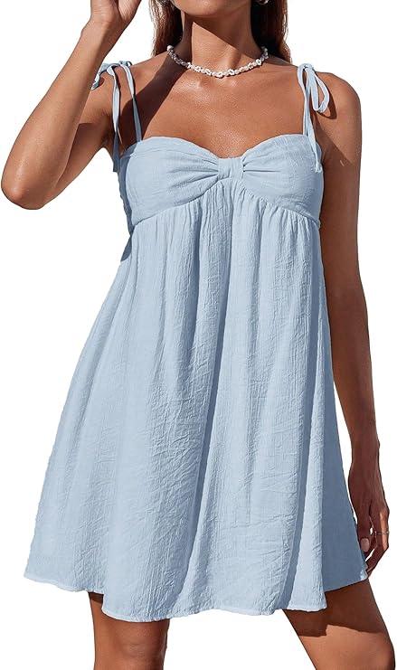Narecte Casual Summer Dresses for Women 2025 Flowy Sun Dress Mini Slip Dress Cute Spaghetti Strap Dress light blue XS
