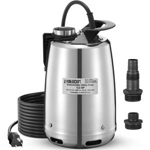 1/2 HP Stainless Steel Submersible Water Pump, Portable Utility Pump, Submersible Sump Pump, 25ft Long Power Cord, Ideal for Swimming Pools, Garden, Basements, and Ponds
