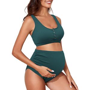 Century Star Maternity Swimsuit High Waist Ribbed Two Piece Bikini Set Bathing Suit for Women Pregnancy Swimwear (Medium, Dark Green)