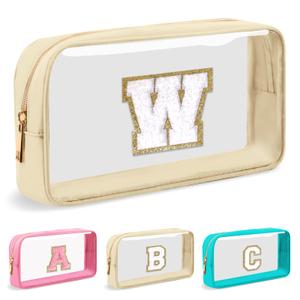 Personalized Initial Letter Clear Makeup Bag,Preppy Small Nylon&PVC Cosmetic Zipper Bag with Chenille Letter,Portable Beach Travel Skincare Toiletry Bag,Trendy Monogram Gift for Teen Girls Women,W