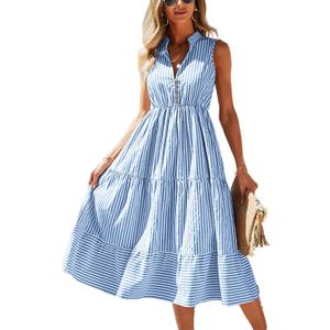 BROVAVE Womens 2026 Summer Sleeveless Shirt Dress Collar Striped V Neck Casual Midi Dresses (Blue, XL)