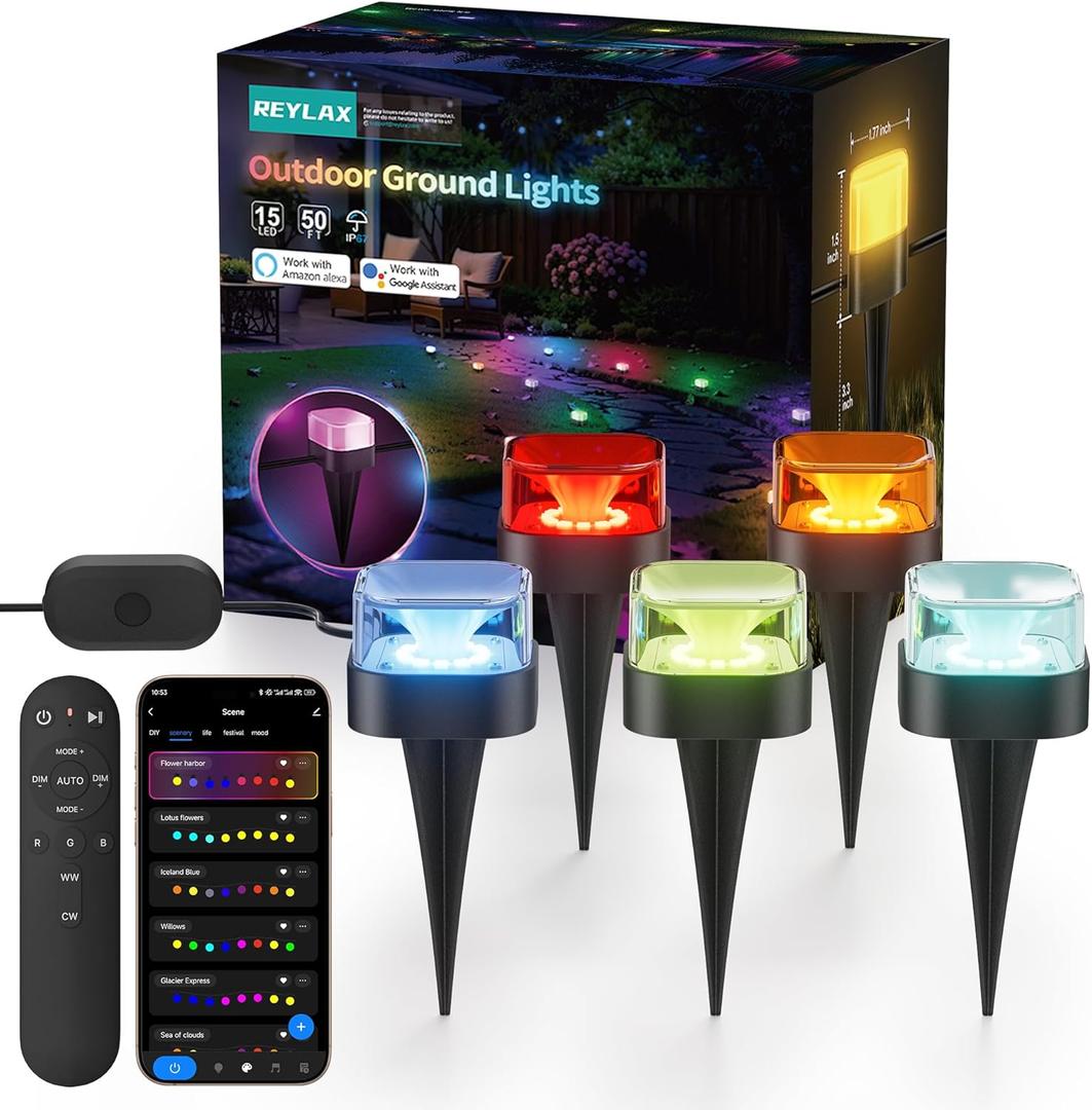 REYLAX 50FT Outdoor Ground Lights 15 Pack, RGB Garden Lights with Warm White and Cool White, IP67 Waterproof Pathway Light, Music Sync Timing, App & Remote Control, Works with Alexa Google Assistant