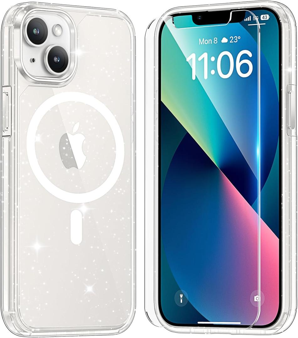 TAURI 3 in 1 Magnetic for iPhone 13 Case with 2X Screen Protectors, [Designed for Magsafe] [Not-Yellowing] Bling Cute Sparkly Phone Case for 13, Glitter Clear