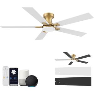 52 Inch Ceiling Fans with Lights,Smart Low Profile Ceiling Fan with Light and Remote Control,Modern Flush Mount Ceiling Fans for Bedroom,Patio,Porch,Outdoor Indoor Use,Quiet,in Black White and Gold