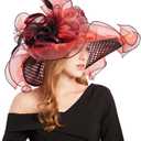 ORIDOOR Women Organza Fascinator Church Derby Hat Floral Tea Party Wedding Hat (Red)