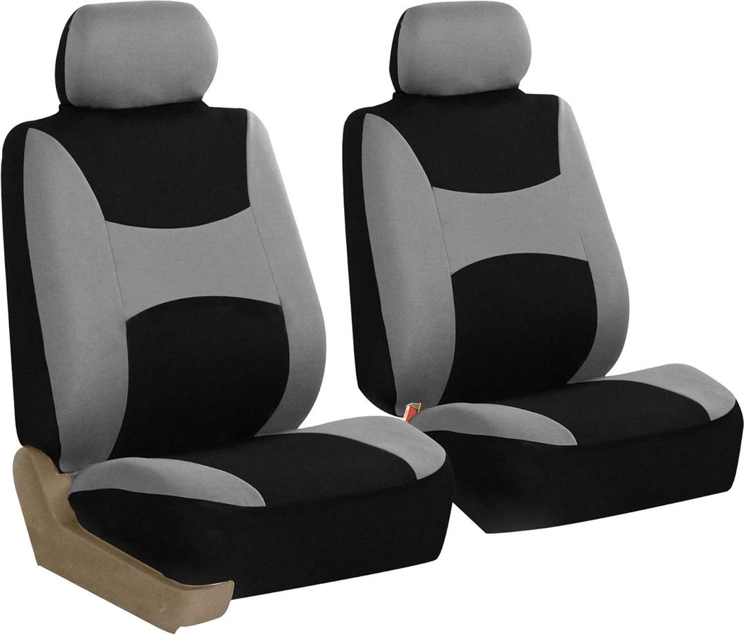 FH Group Front Set Cloth Car Seat Covers for Low Back Seats with Removable Headrest, Universal Fit, Airbag Compatible Seat Cover for SUV, Sedan, Van Gray/Black