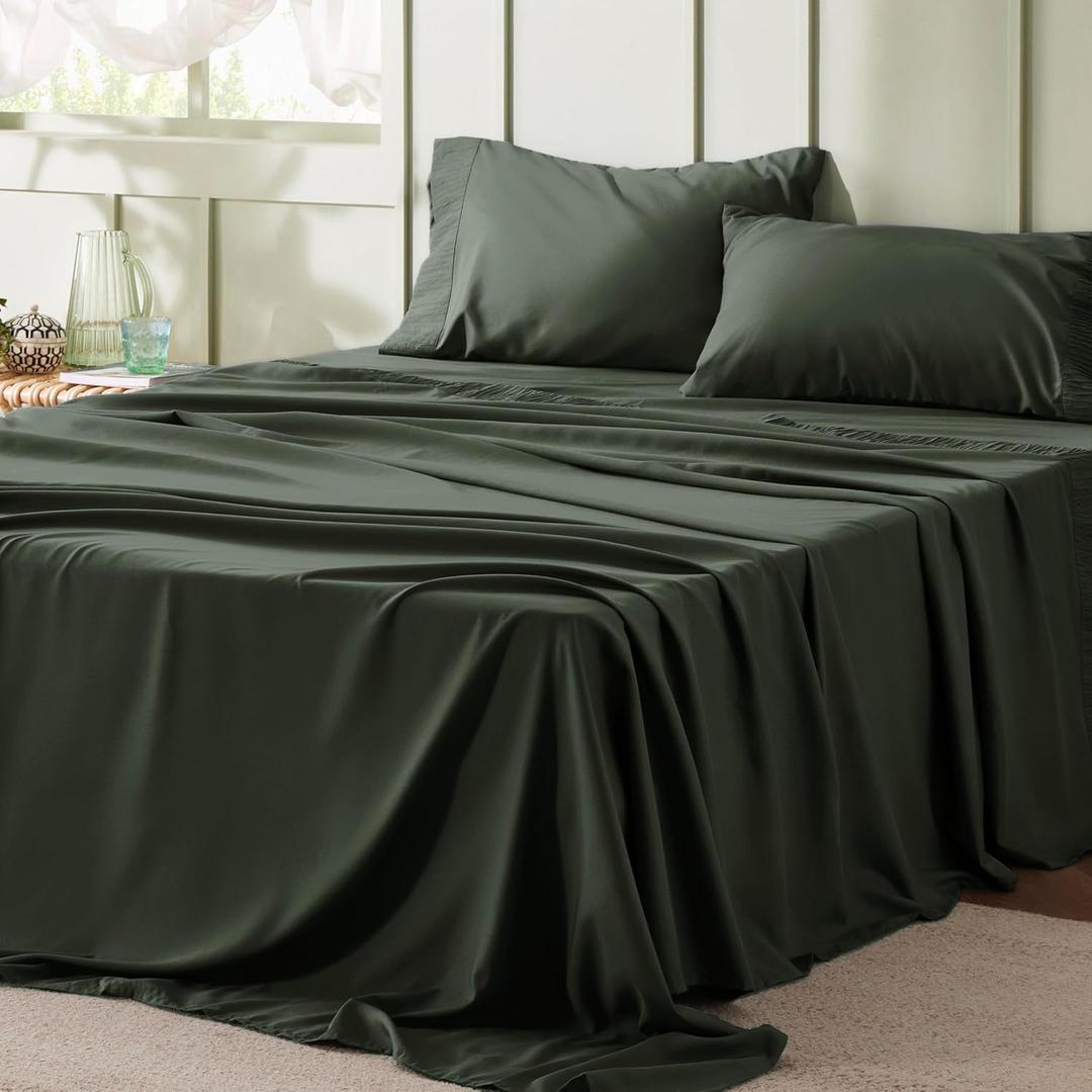 Bedsure Queen Sheet Set - 4 Pieces Soft Queen Size Sheets - Breathable & Cooling - Hotel Luxury - Easy Care Polyester Microfiber Bedding for Women, Men, Olive Green