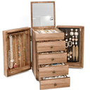 Meangood Jewelry Box Wood for Women, 5Layer Large Organizer Box with Mirror & 4 Drawers for Rings, Earrings, Necklaces, Vintage Style, Torched Wood