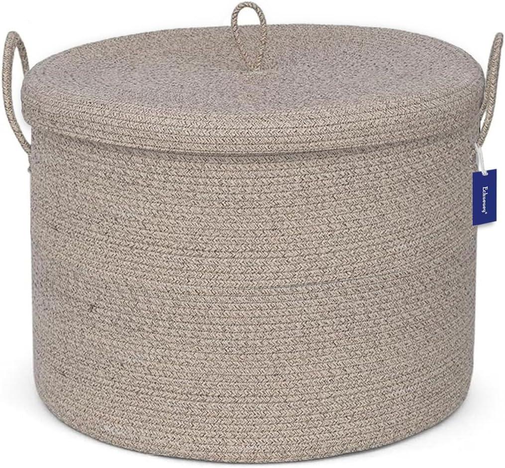 21" x 18" Extra Large storage baskets,Decorative blanket basket with lid for Living room,rope baskets with lid,wicker hamper for bedroom,Big,Round,Brow