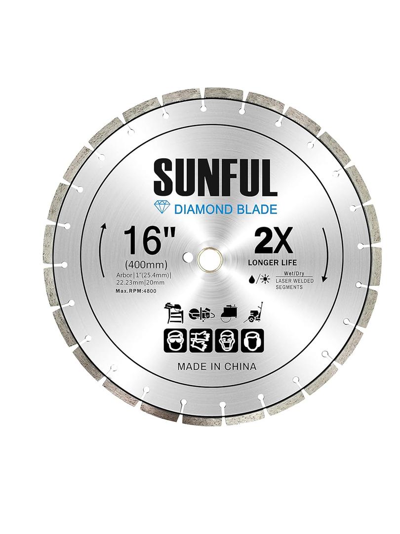 16 Inch (400MM) Dry or Wet Cutting General Purpose Segmented Diamond Saw Blade, 1 Inch -22.23mm-20mm Arbor,Laser-Welded,General Purpose Cutting Concrete, Masonry, Stone (16 INCH)