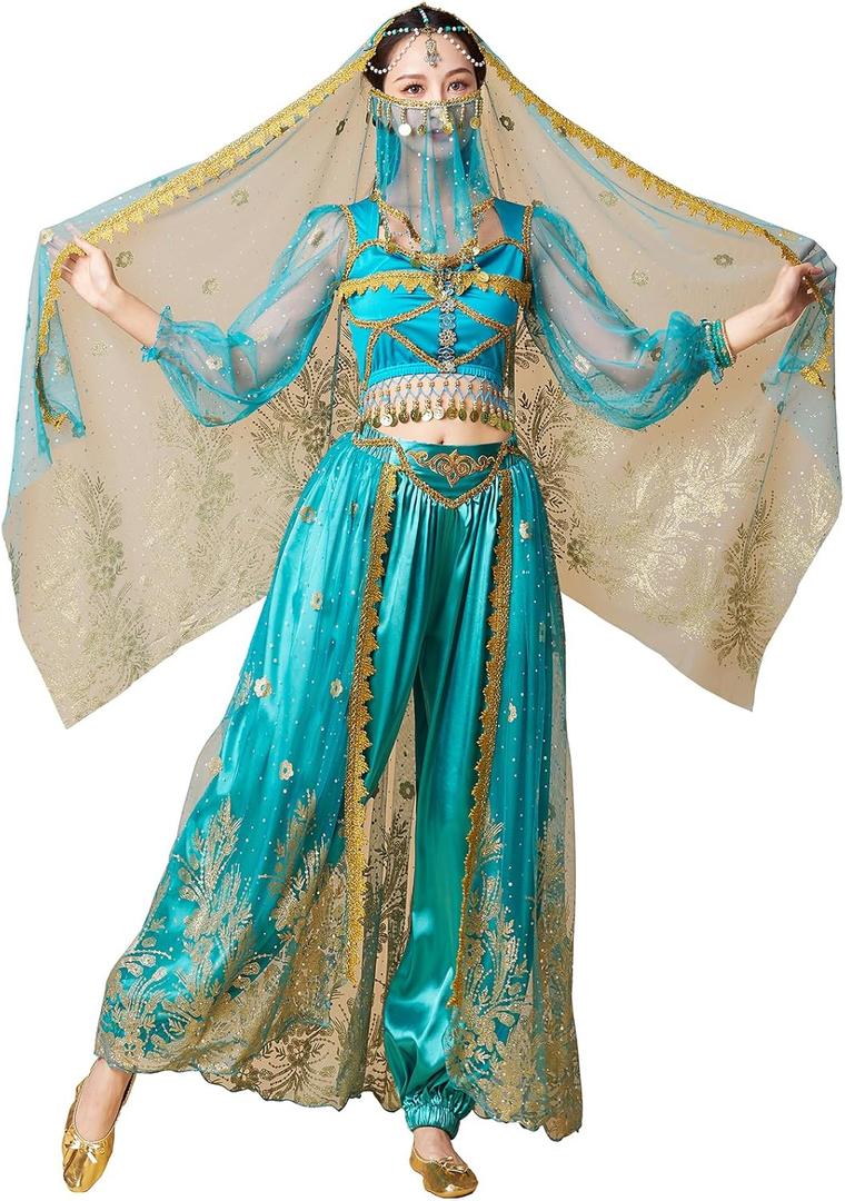 Women's Aladdin Jasmine Princess Dress Up Party Belly Dance Halloween Performance Costumes Cosplay Outfits (Medium, 04-dark Green)