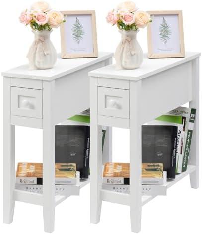 Amazon.com: LUSUOWLZ Narrow Side Table for Small Spaces, White Side Table with Drawer, Slim Bed Side Table/Night Stand Set of 2, Couch Side Table : Home & Kitchen