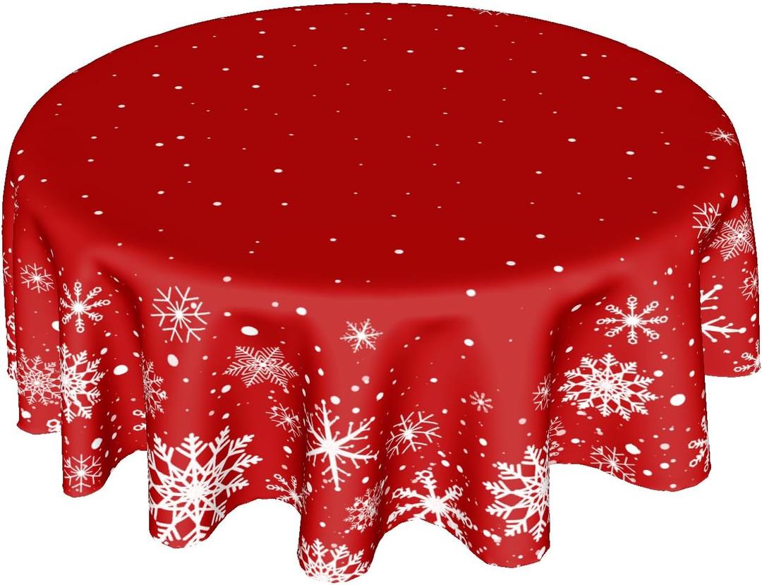 Christmas Round Tablecloth 60 Inch, Merry Christmas Snowflake Round Table Cloth Outdoor Waterproof Christmas Tablecloths Red Xmas Cover Holiday Tabletop Decoration for Kitchen Home Party Dining