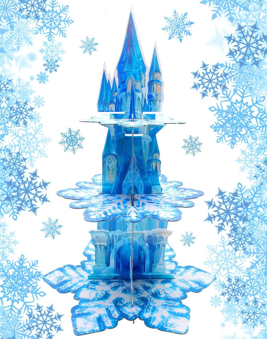 Benvo 3-Tier Cupcake Stand Tower Snowflake Cardboard Cupcakes Tier Stand Holder for Dessert Display Birthday Party Decoration Tea Party Supplies Princess Party Centerpiece Decor Baby Shower (Blue)