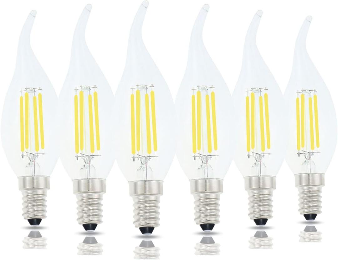 E14 LED Bulb European Base 4W LED Chandelier Light Bulbs Dimmable 40W Equivalent,Flame Tip Candelabra LED Bulbs,110V 6000K Daylight White,6 Pack