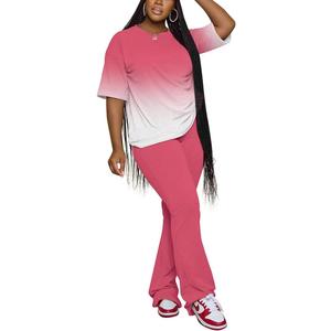 PINSV Women 2 Piece Outfits Short Sleeve Top and Flare Pants Lounge Sets Tracksuit (XXL)