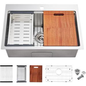 MENATT 23 Inch Kitchen Sink Drop In, 18 Gauge Stainless Steel Topmount Single Faucet Hole Single Bowl Ledge Workstation Kitchen Sink (Brushed)