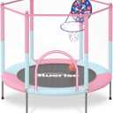 BLUERISE 55IN 6FT Toddler Trampoline for Kids Indoor Outdoor Play for Kids Trampoline Basketball Hoop Attachment with Enclosure Net Easy to Assemble