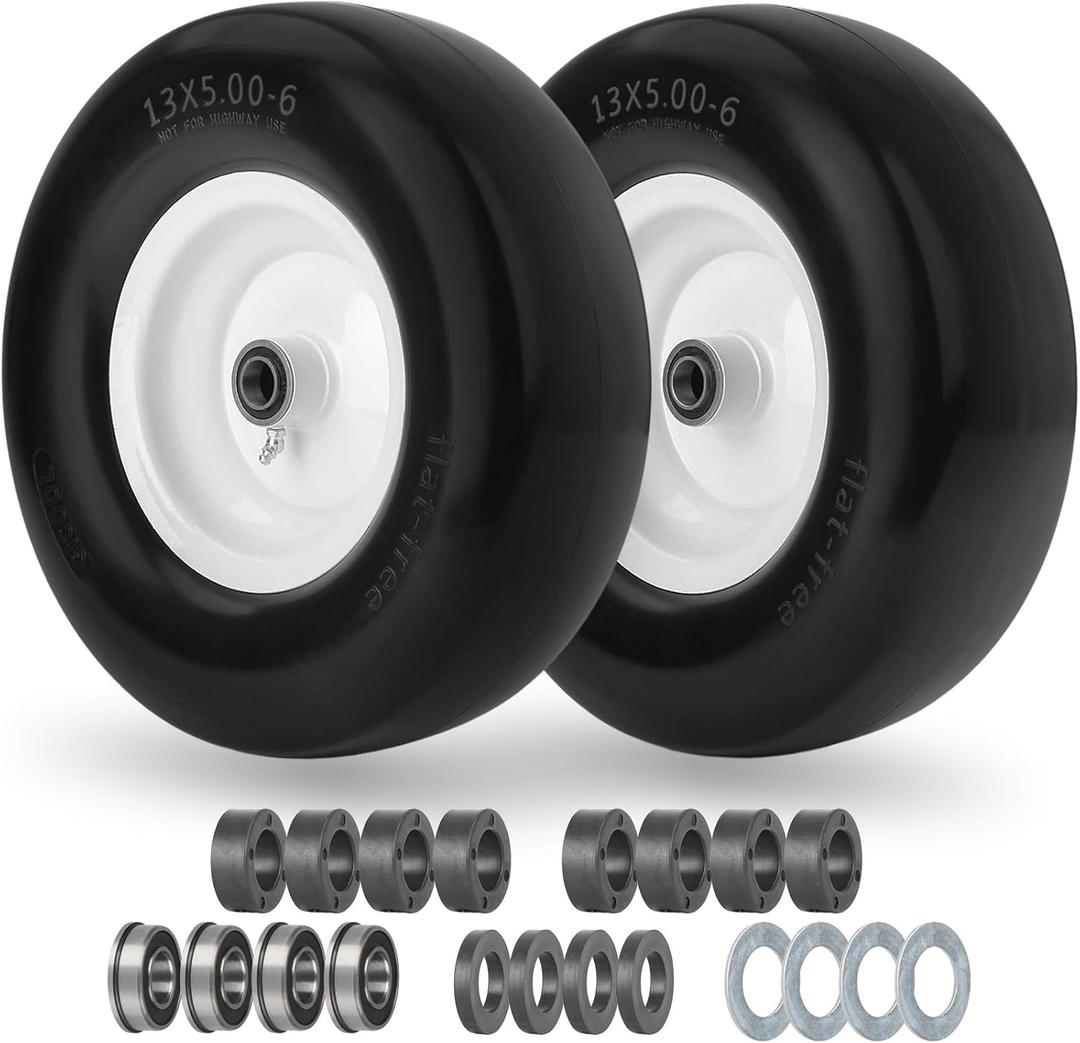 13x5.00-6 Flat Free Lawn Mower Tire and Wheel, Solid Smooth Zero Turn Mower Front Tire Assembly, with 3/4" & 5/8" Bearing, 3.25"-5.9" Centered Hub, 2 PCS (13x5.00-6 Flat Free (Smooth Tread-W))