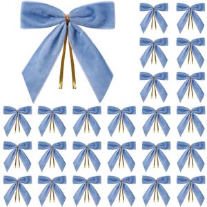 24 Pcs Light Blue Small Velvet Christmas Bows for Christmas Tree, Wreath, Gift Wrapping, Crafts, Wedding, Party, Twist Tie Bows for Treat Bag Bakery Candy Bags, Home Decor 1"W,3.5 x 3.5 inch