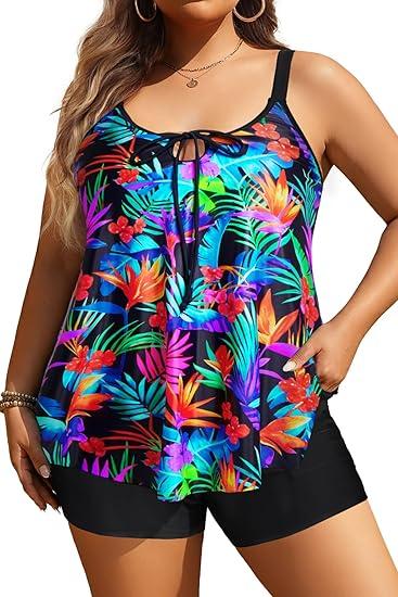 Daci Women Plus Size Tankini Swimsuit - 2 Piece Flowy Plus Size Bathing Suits and Shorts with Pockets 2025,Colorful Leaves, 24 Plus