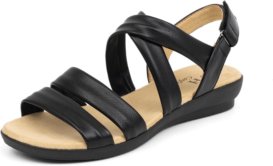 VJH confort Womens Flat Sandals, Soft Straps Slip-on Open Toe Light Weight Elastic Slingback Comfort Casual Walking Sandals (12)