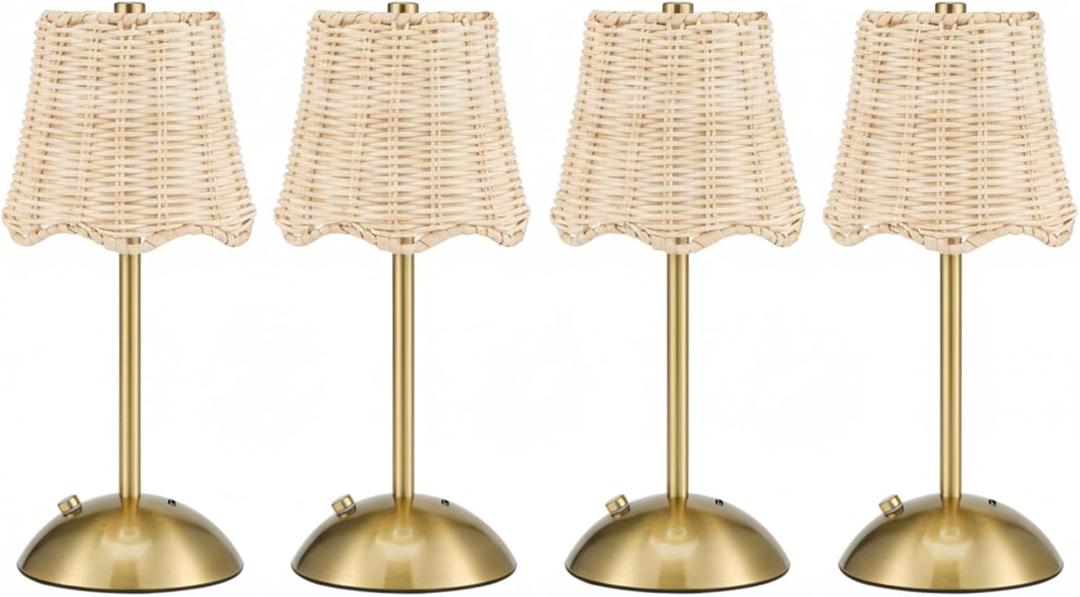 4 Pack Woven Table Lamp 12 Inch Portable Cordless Table Lamp Rechargeable Gold Bedside Light with Woven Rattan Shade for Bedroom Living Room Dining