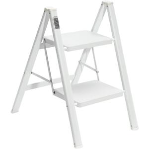 BOCOM 2 Step Ladder, Lightweight Portable Foldable Collapsible Folding Sturdy Iron Metal Step Stool with Anti-Slip Wide Pedal, Heavy Duty 330 lbs Capacity, for Home, Kitchen, Closet, Adults, White
