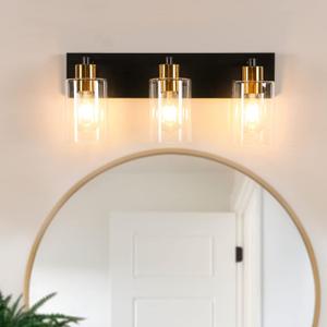 Black Bathroom Light Fixtures, 3 Light Modern Vanity Light with Clear Glass Shade for Mirror, Kitchen, Bedroom, Hallway (Black and Gold)