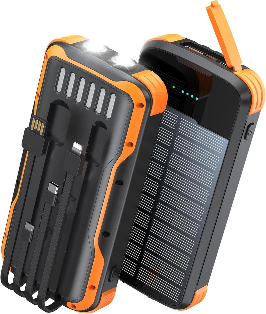 Solar Charger Power Bank, PD 20W Fast Charging External Batter, 40000mAh Portable Phone Charger Built in 4 Cables with Dual Bright Flashlights for Camping, Hiking, and Outdoor Use (Black-orange)