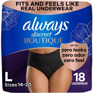 Always Discreet Boutique Incontinence and Postpartum Underwear for Women, Maximum Protection, Large, Black, 18 Count