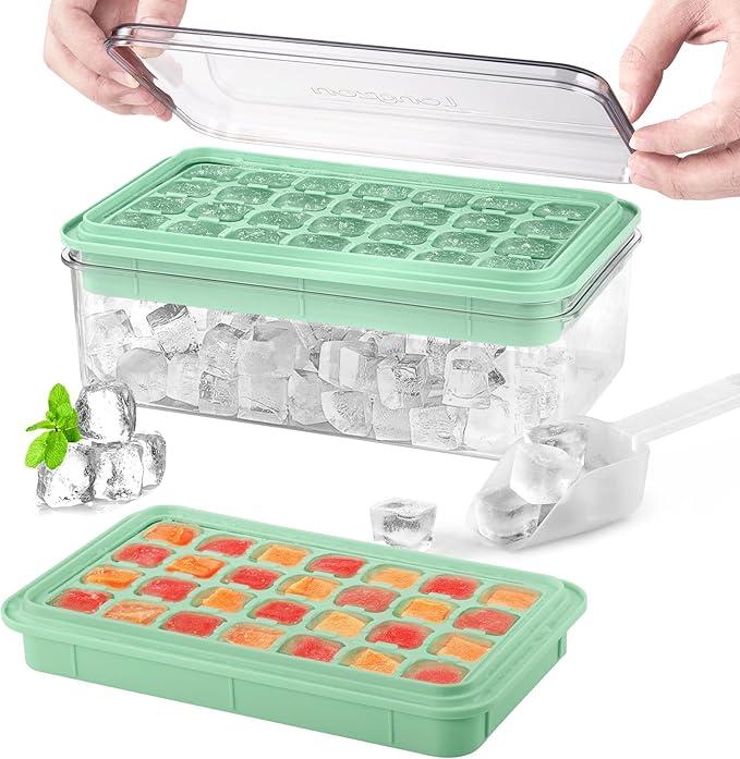 Longzon Mini Ice Cube Tray with Lid and Bin, 60 pcs Ice Cube Trays for Freezer, Ice Cube Mold, Ice Molds Spill-Resistant Removable Lid & Ice Scoop, Ice Cube Tray Mold for Whiskey Cocktail, Tea, Coffee