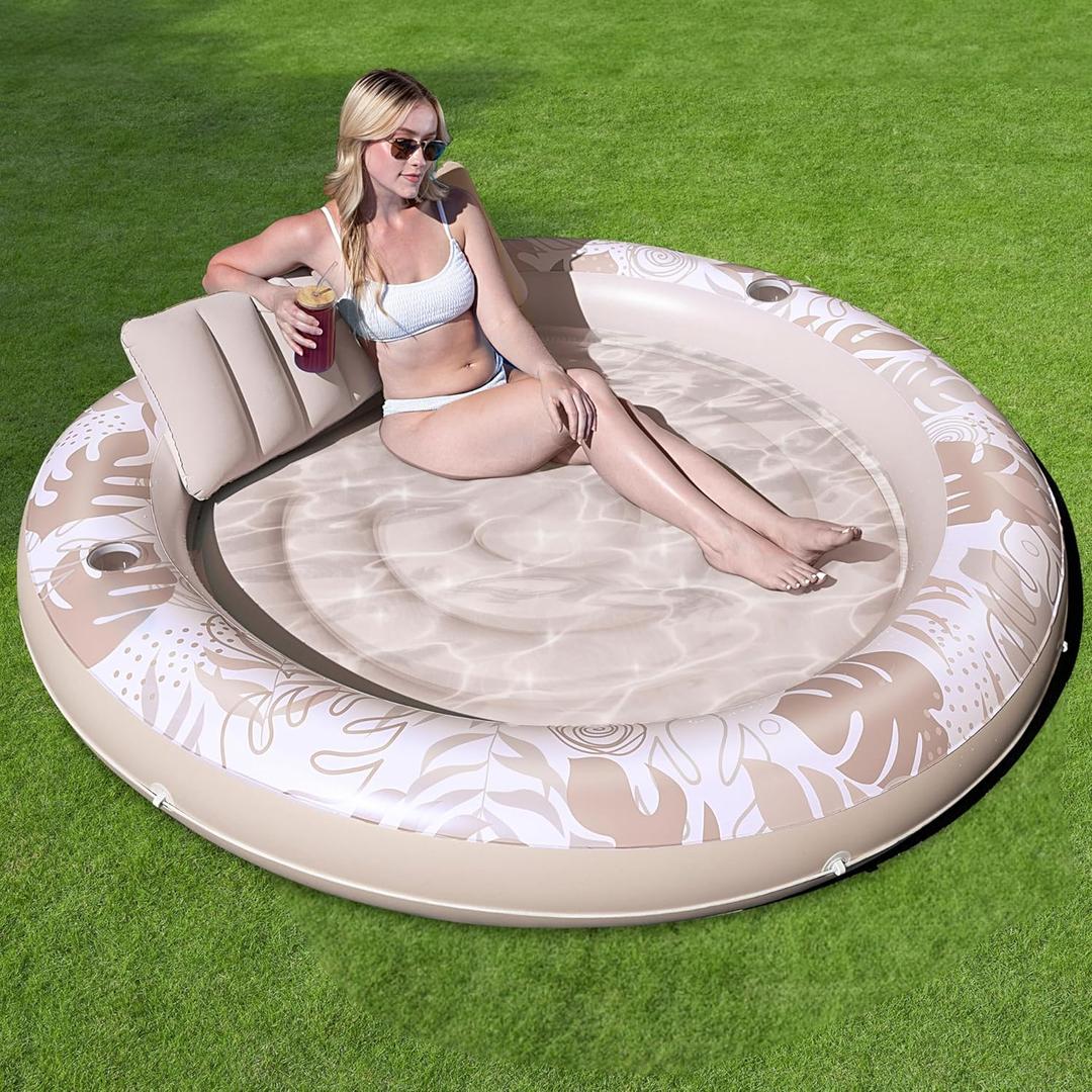 SLOOSH Inflatable Tanning Pool Lounger Float,72" x 65" Pool Floats Adult with Pillow,Luxury Fabric Large Suntan Tub Raft Floatie,Sunbathing Bed Lounge for Water Blow Up Party Gifts,Champagne