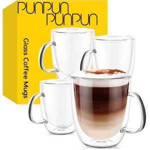 PunPun 17OZ. 500ml Clear Coffee Mugs, Glass for Coffee, Double Wall Insulated Glass Mugs with Big Handle, Every Day for Americano, Latte, Cappuccinos and Beverage.Set of 4