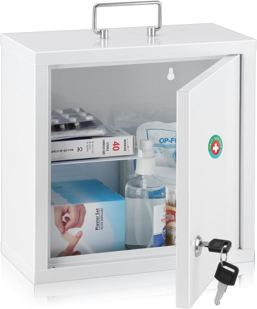 KYODOLED Locking Medicine Cabinet, Medication Lock Box with Key, Wall Mount Medical Cabinet for Safe Medication Storage, 10 * 4.7 * 10 Inch, White (Medium)