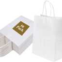 Joybe 50 Pack 8x4.75x10 Inch Medium White Kraft Paper Bags with Handles Bulk, Craft Paper Gift Bags for Party Favors Grocery Retail Shopping Business Goody Merchandise Take Out Blank Sacks (50pcs)