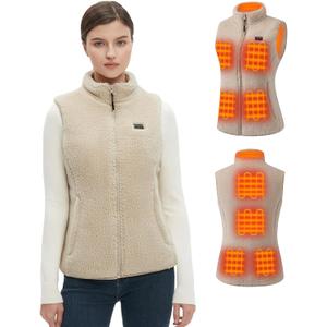 Fuzzy Heated Vest for Women with 16000mAh 7.4V Battery Pack Included, Sherpa Heated Vest Women, Fleece Heating Vests Cycling (X-Small, Khaki)
