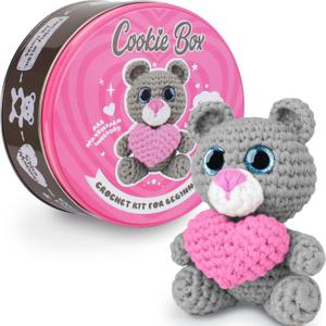 Cookie Box Original Crochet Kit for Beginners  Gift Set to Make Bear Ted Amigurumi Plushie  Easy DIY Crochet & Knitting Starter Kit with Video and PDF Tutorials (Gray and Pink)
