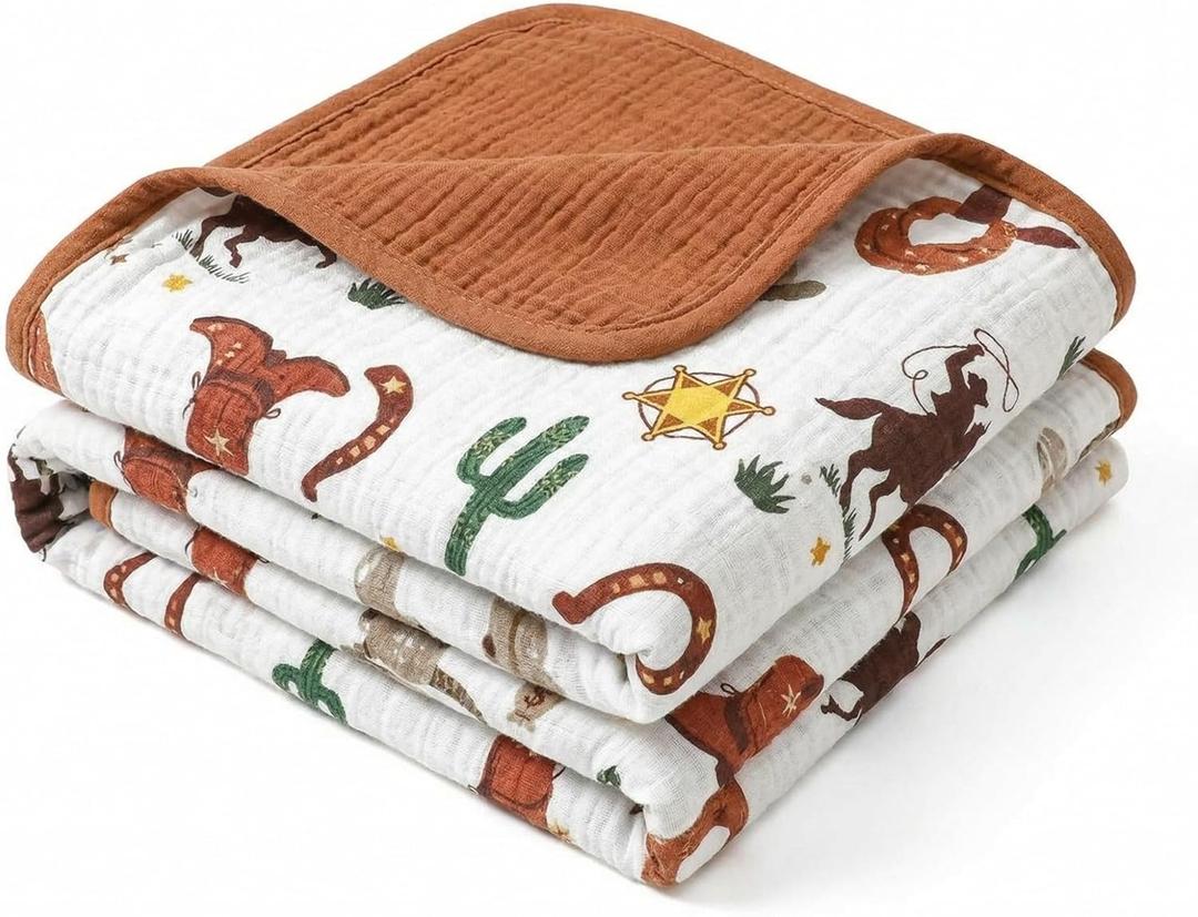 Breling Western Cowboy Muslin Baby Blankets for Girls Boys, 100% Cotton Crib Blanket for Infant Toddler, 40 x 36 Inch Soft and Lightweight Nursery Swaddling Wrap